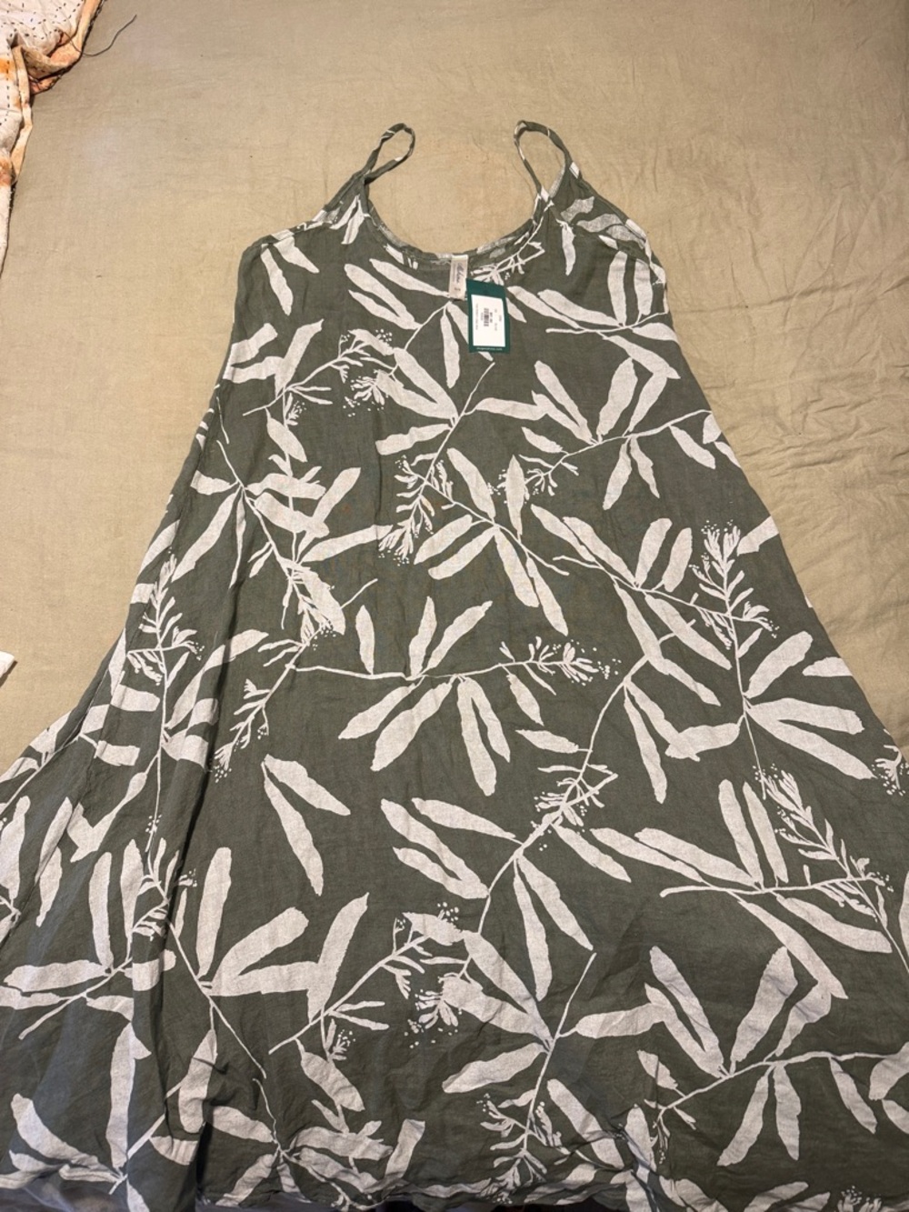 Flowy Olive Green Spaghetti Strap Midi Dress with White Leaf Print